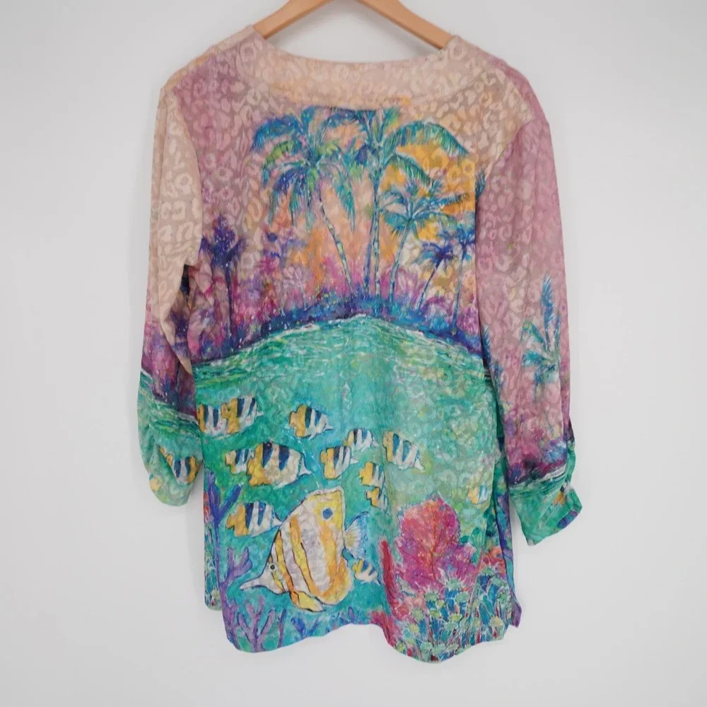 Leoma Lovegrove Open Cardigan Womens L Colorful Fish Print Casual Ruched Sleeve - Picture 2 of 12